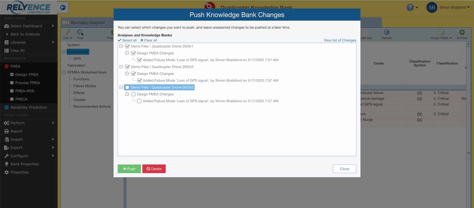 Selecting data changes in Knowledge Bank to update multiple analysis files.