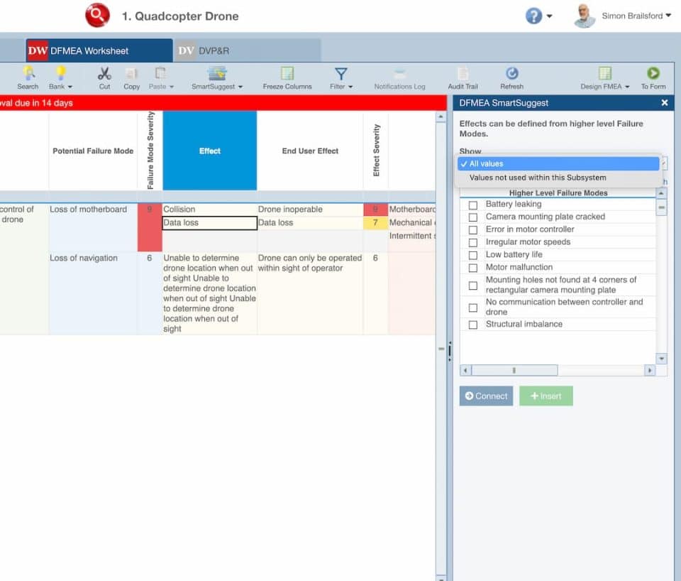 Screenshot showing the Relyence SmartSuggest functionality. In the example shown the user can populate "Effect" level fields selecting from Failure Modes from the higher (parent) level.