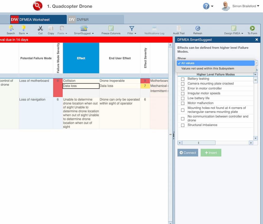 Screenshot showing the Relyence SmartSuggest functionality. In the example shown the user can populate "Effect" level fields selecting from Failure Modes from the higher (parent) level.