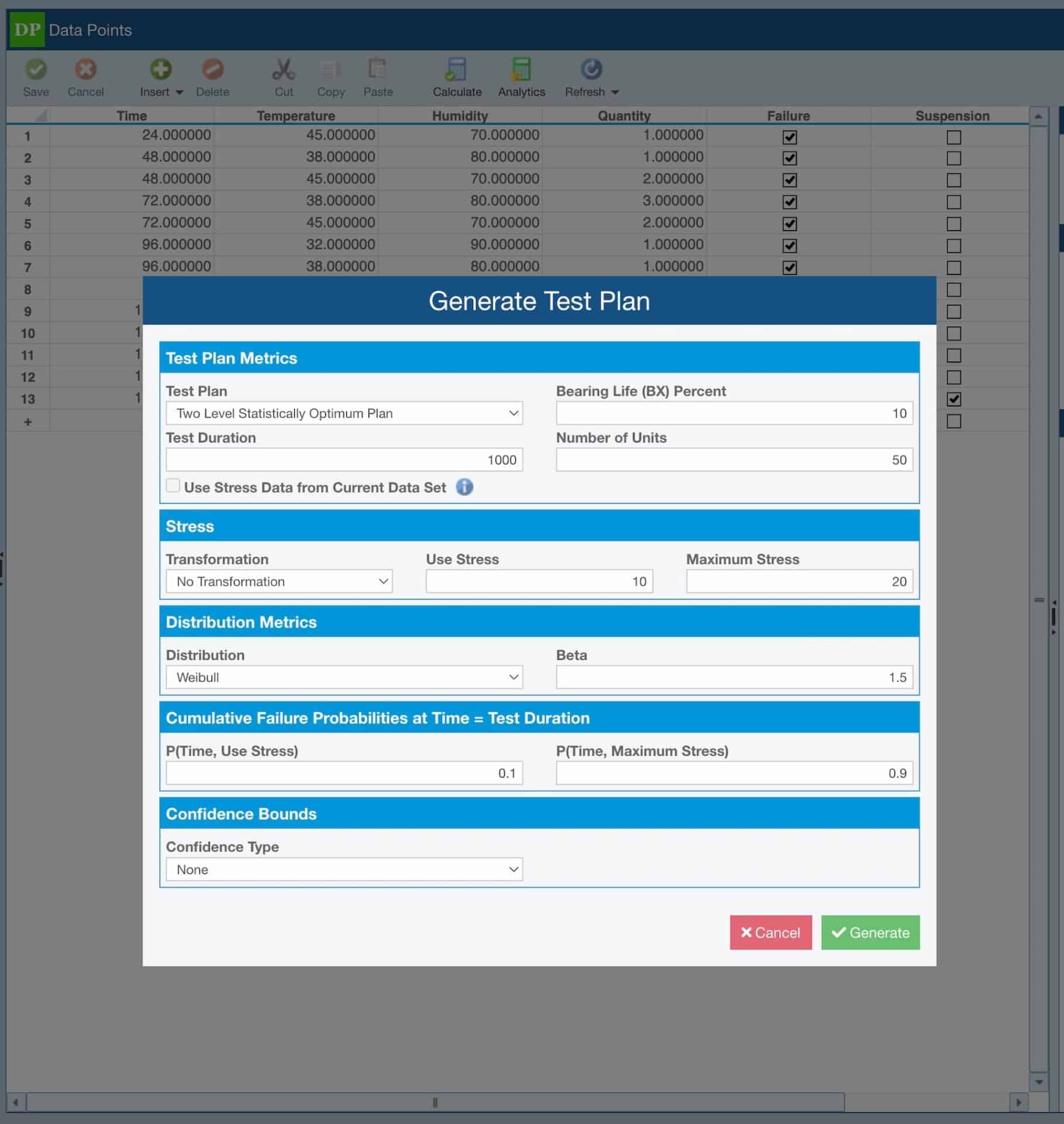 Image shows various calculation options available within the built in Test Plan generator featured in the Relyence Accelerated Life Testing analysis software