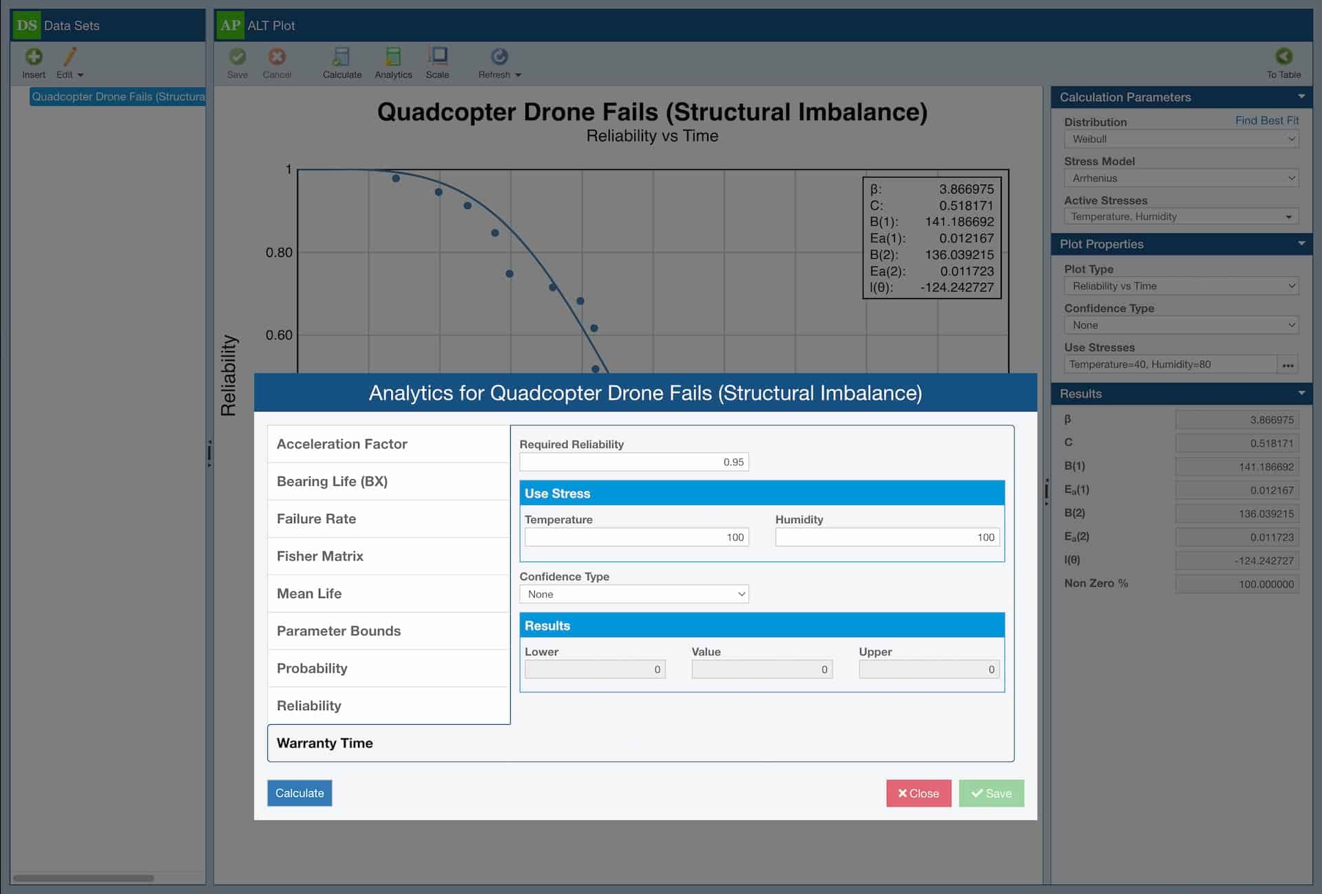 Image Shows Relyence ALT - Accelerated Life Testing Analysis Software and the built-in analytics calculator