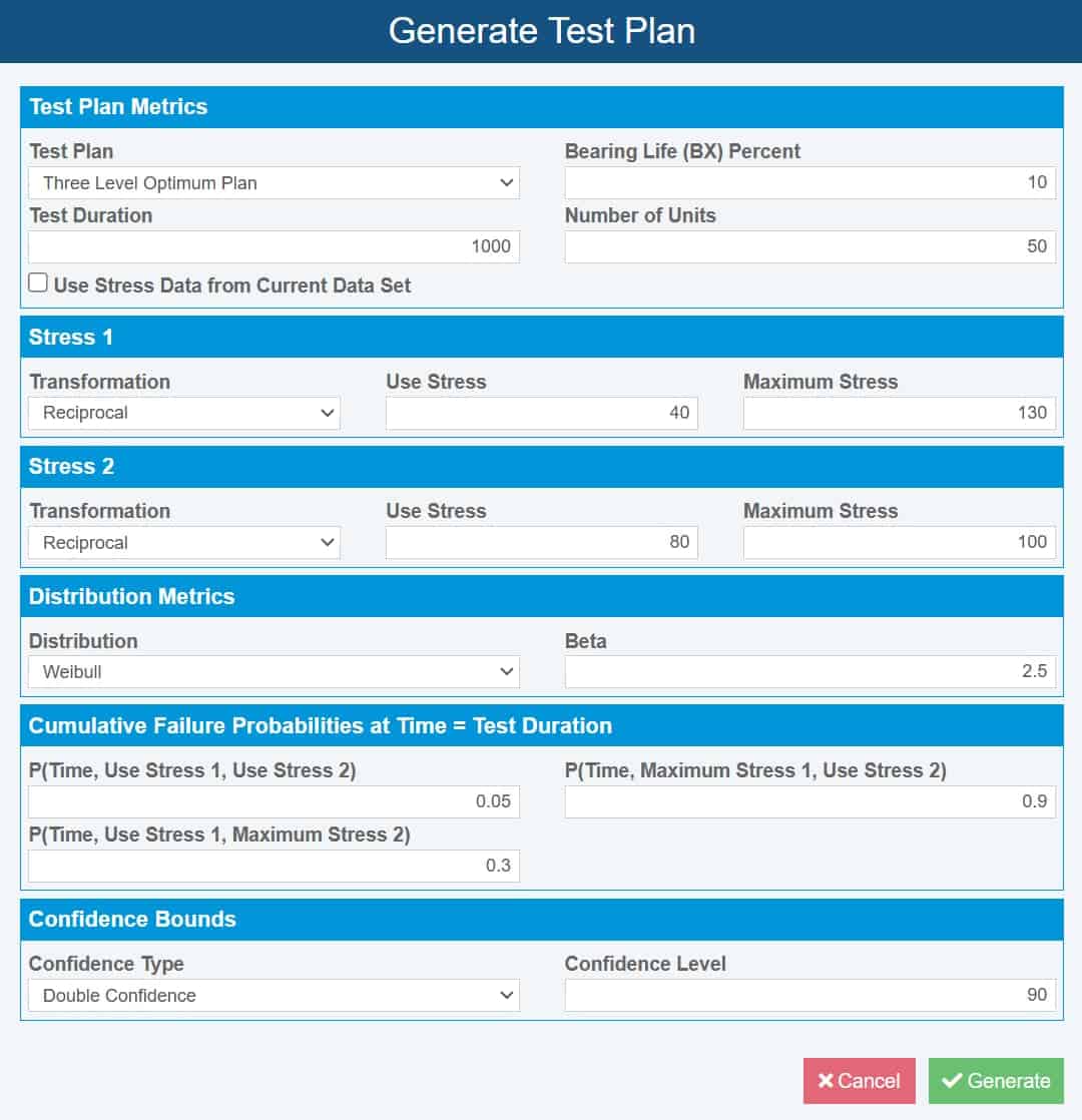 Image shows how the Relyence user can generate Test Plans within the Accelerated Life Testing analysis software.