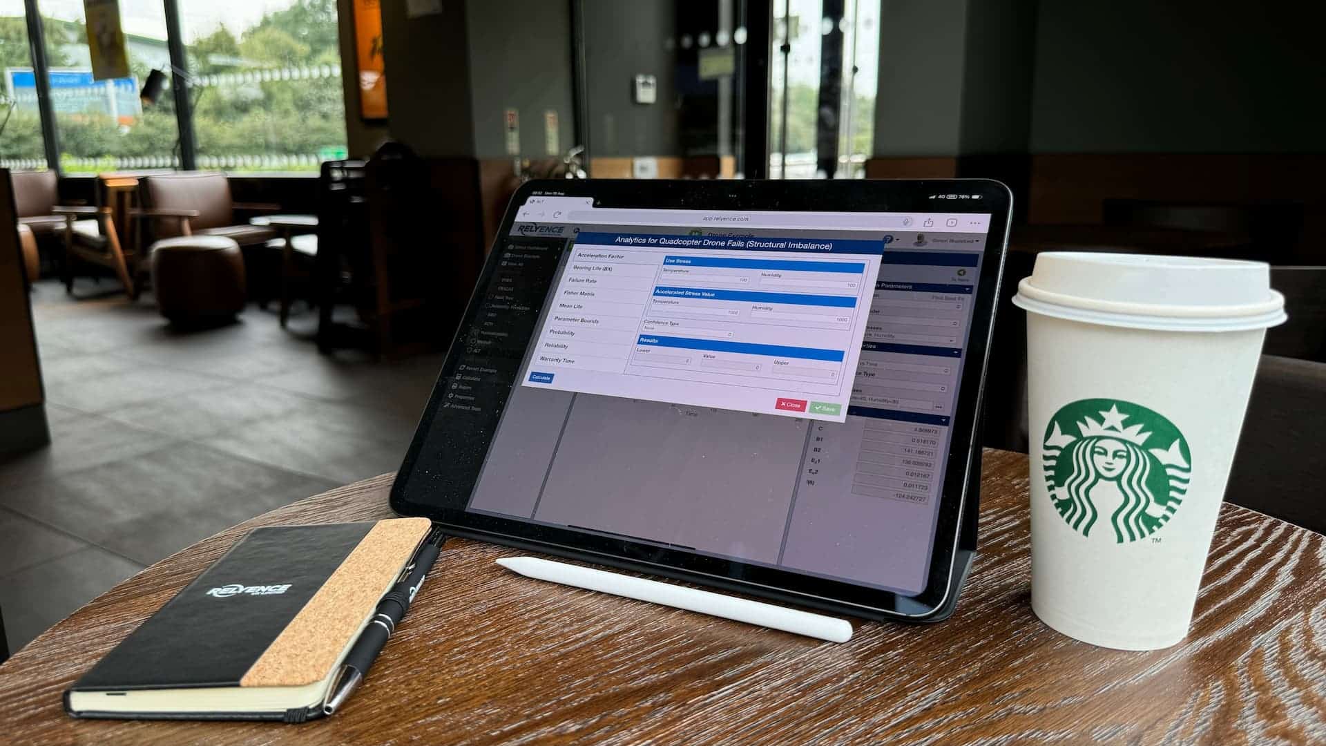 Accelerated Life Testing (ALT) analysis software performed remotely using an Ipad Pro browser in a coffee shop