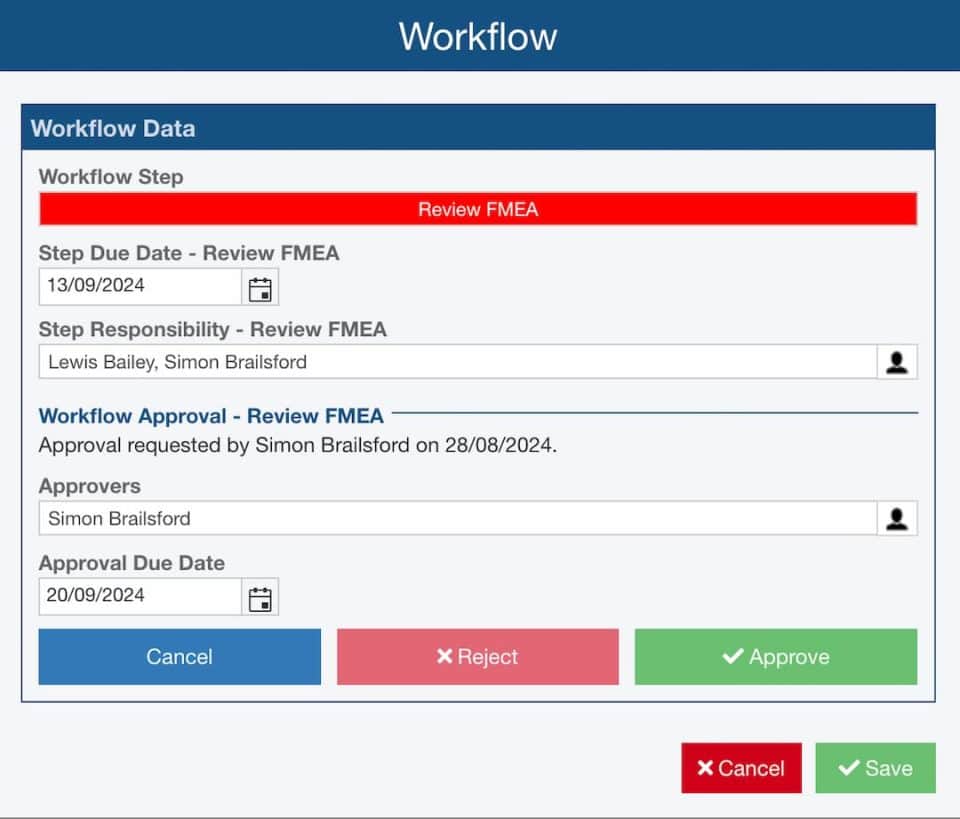 Screenshot showing a customisable workflow, with optional approvals.