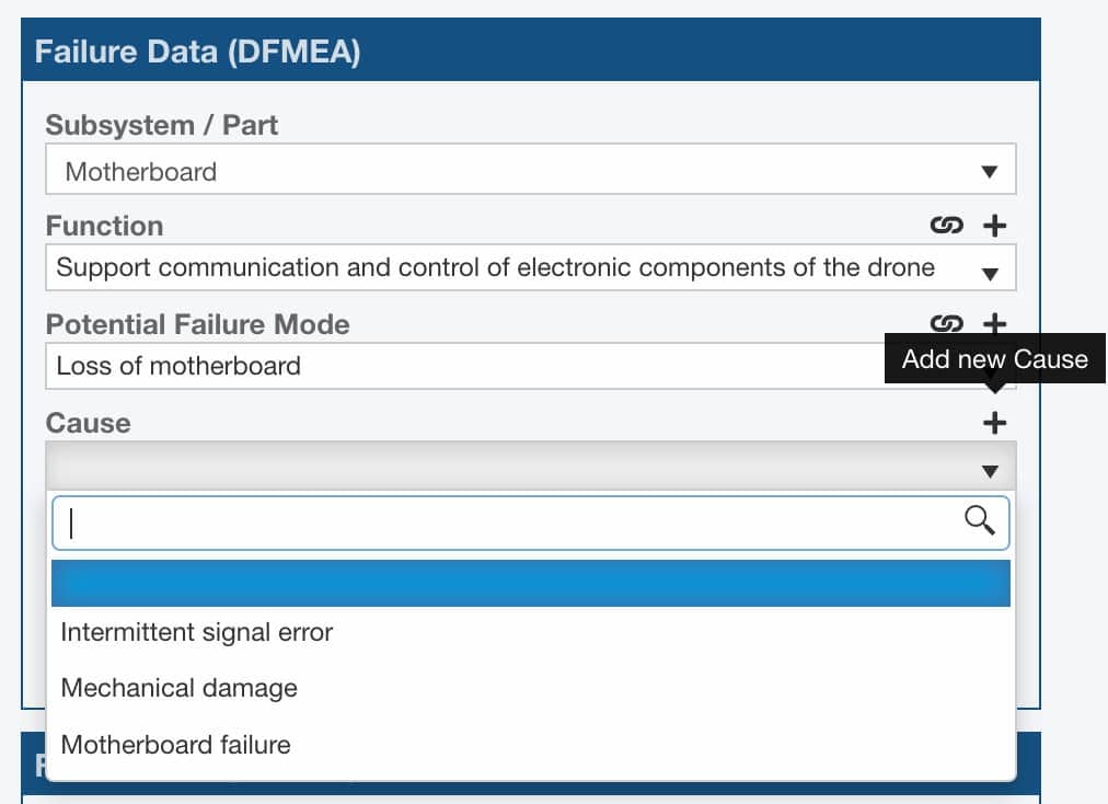 Screen shows how Relyence FRACAS can display your FMEA data, relevant to your selected subsystem, function or process step. Failure Direct Connect allows your users to correctly categorise failures based on the FMEA data and where necessary feedback suggestions where data is missing or incorrect.
