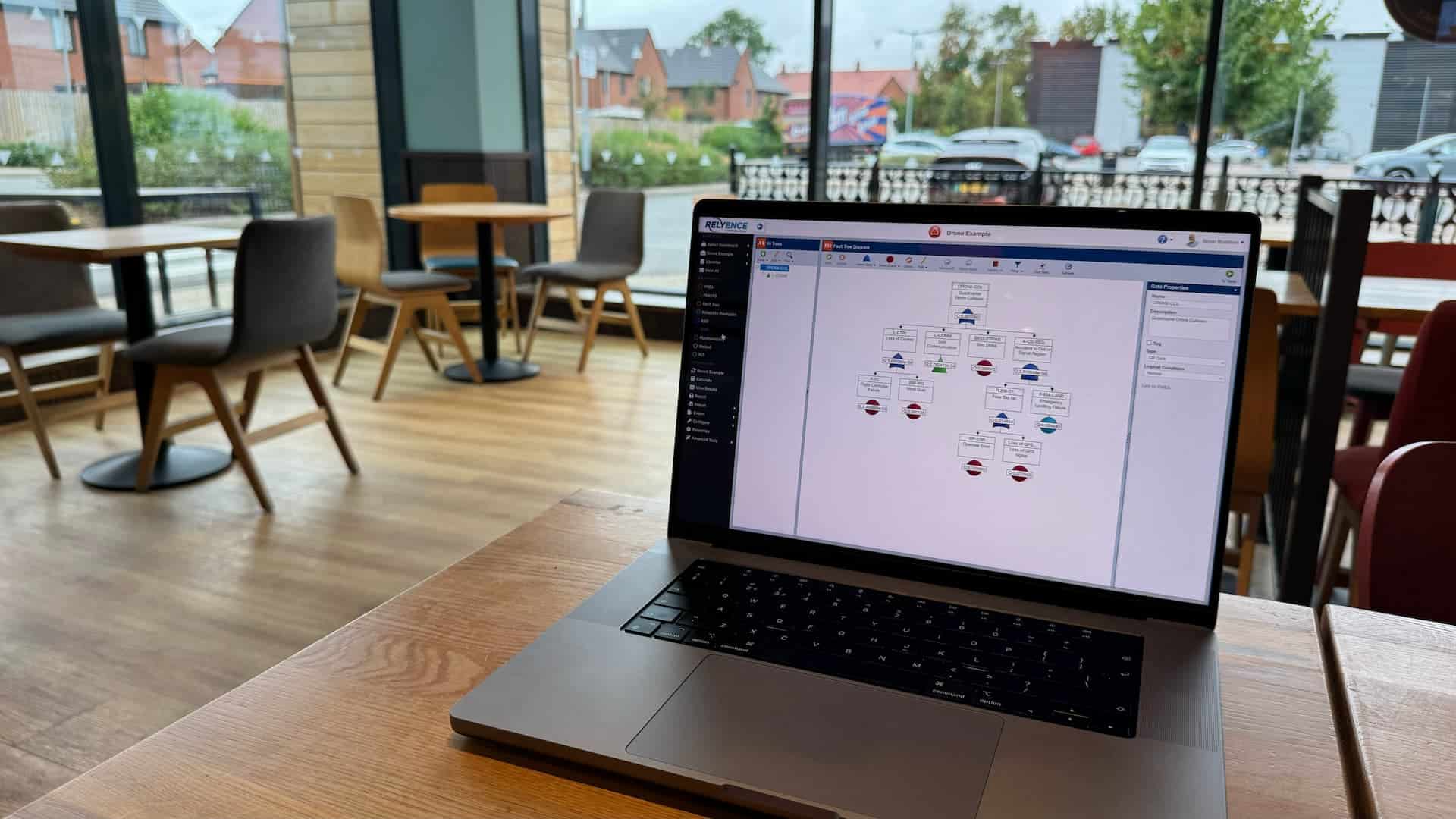 Working on a fault tree diagram in a UK coffee shop on a Macbook Pro