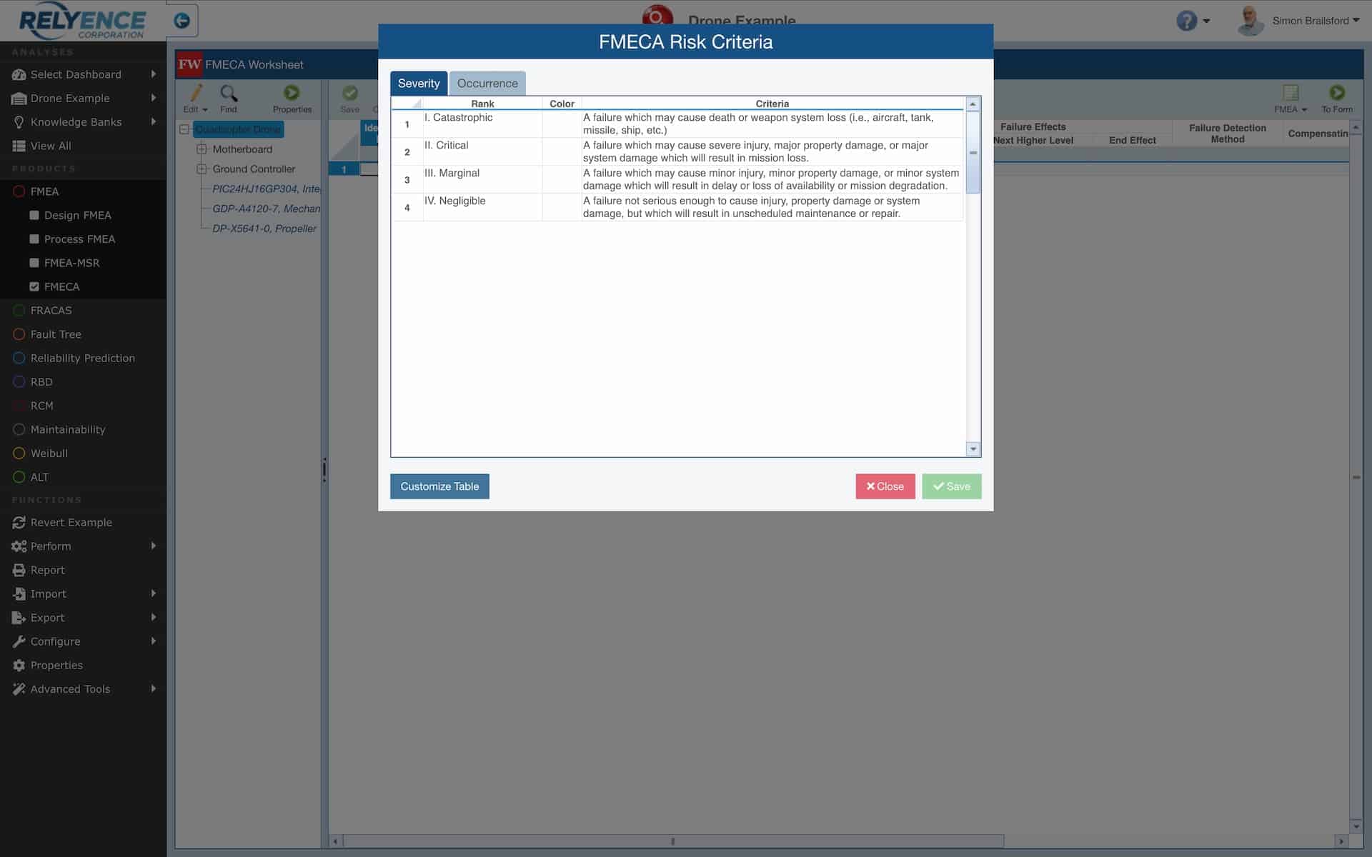 Failure Mode Effects & Criticality Analysis (FMECA) Software