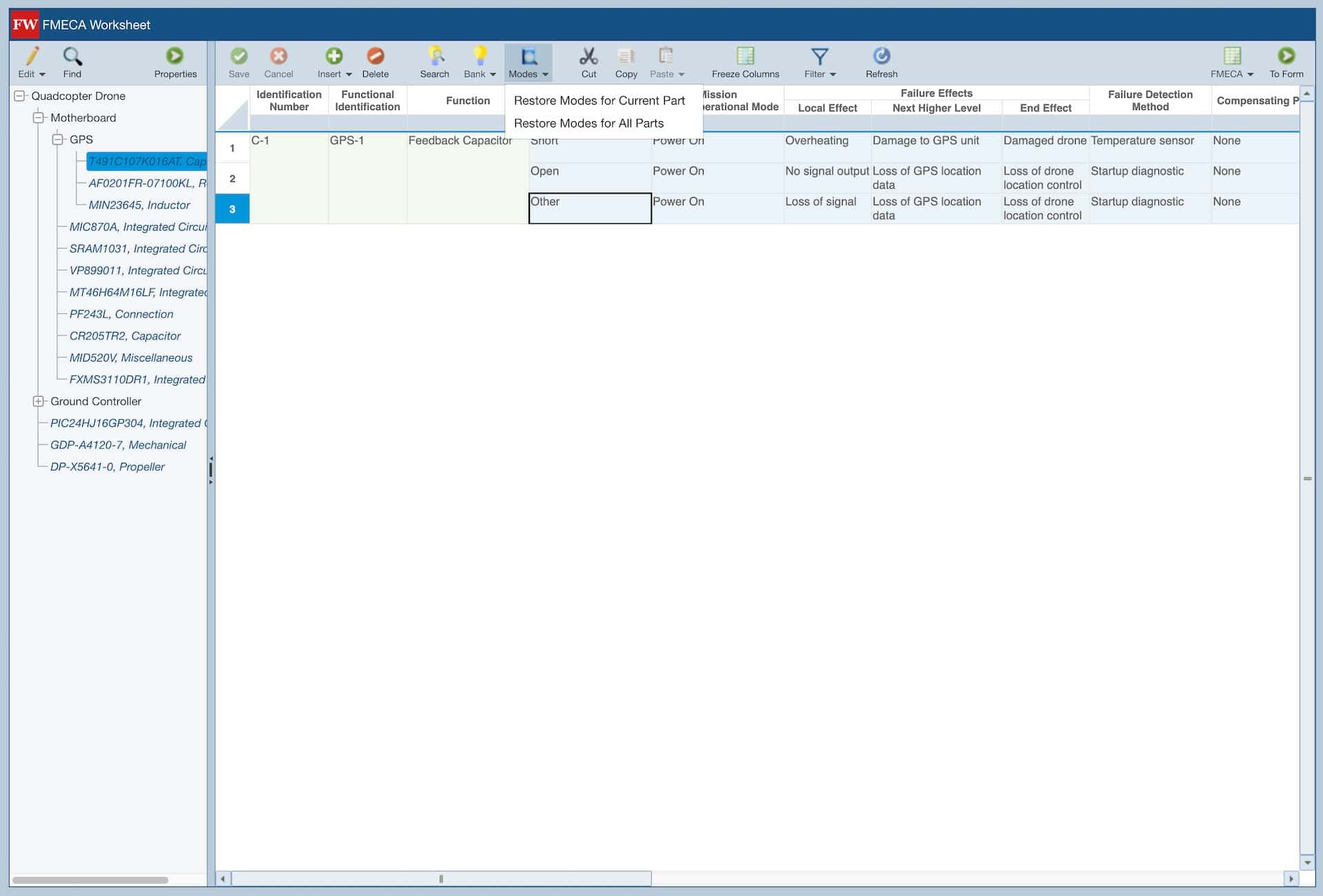Image shows a customisable table view within Relyence FMECA