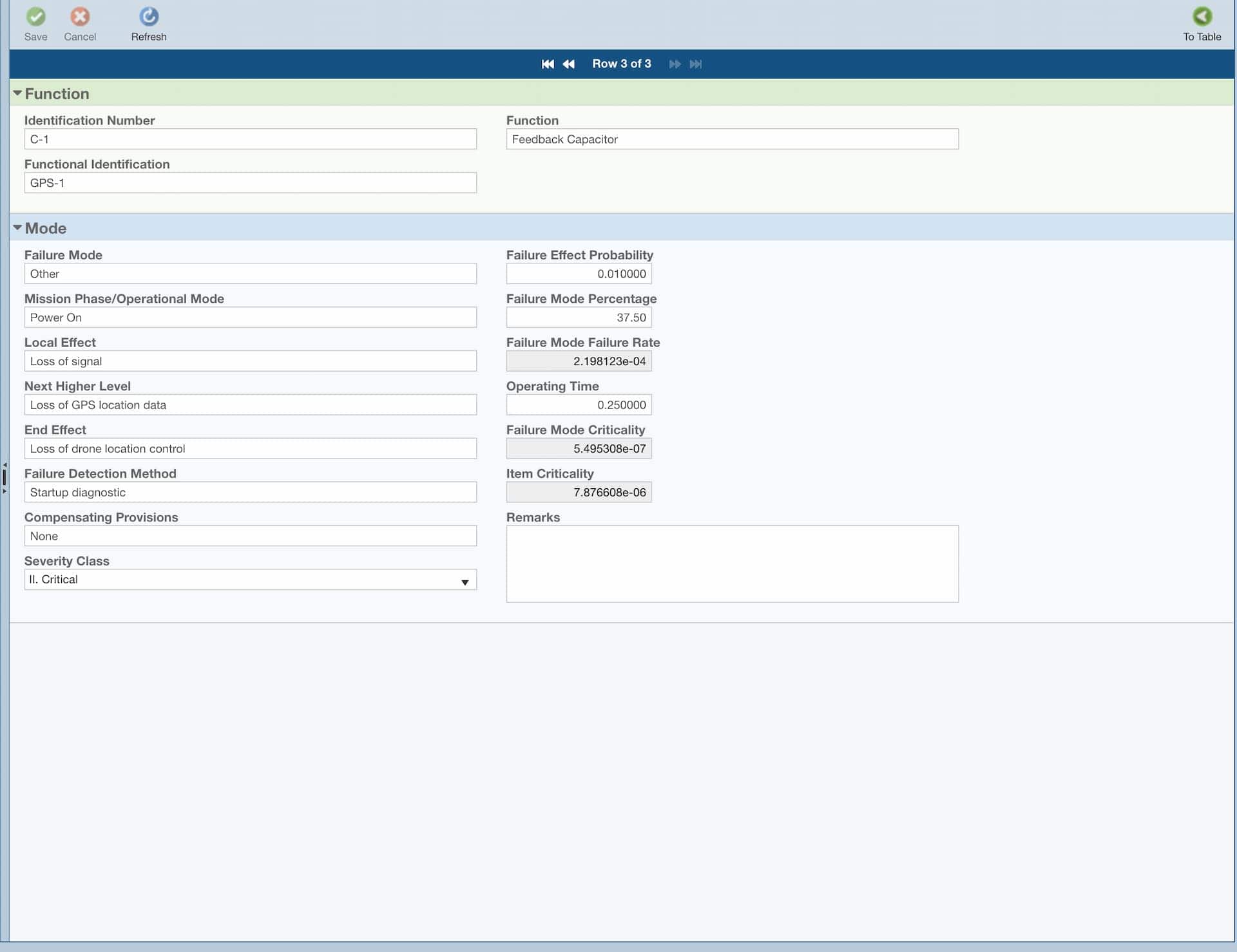 image shows data against the selected row in Relyence FMECA software