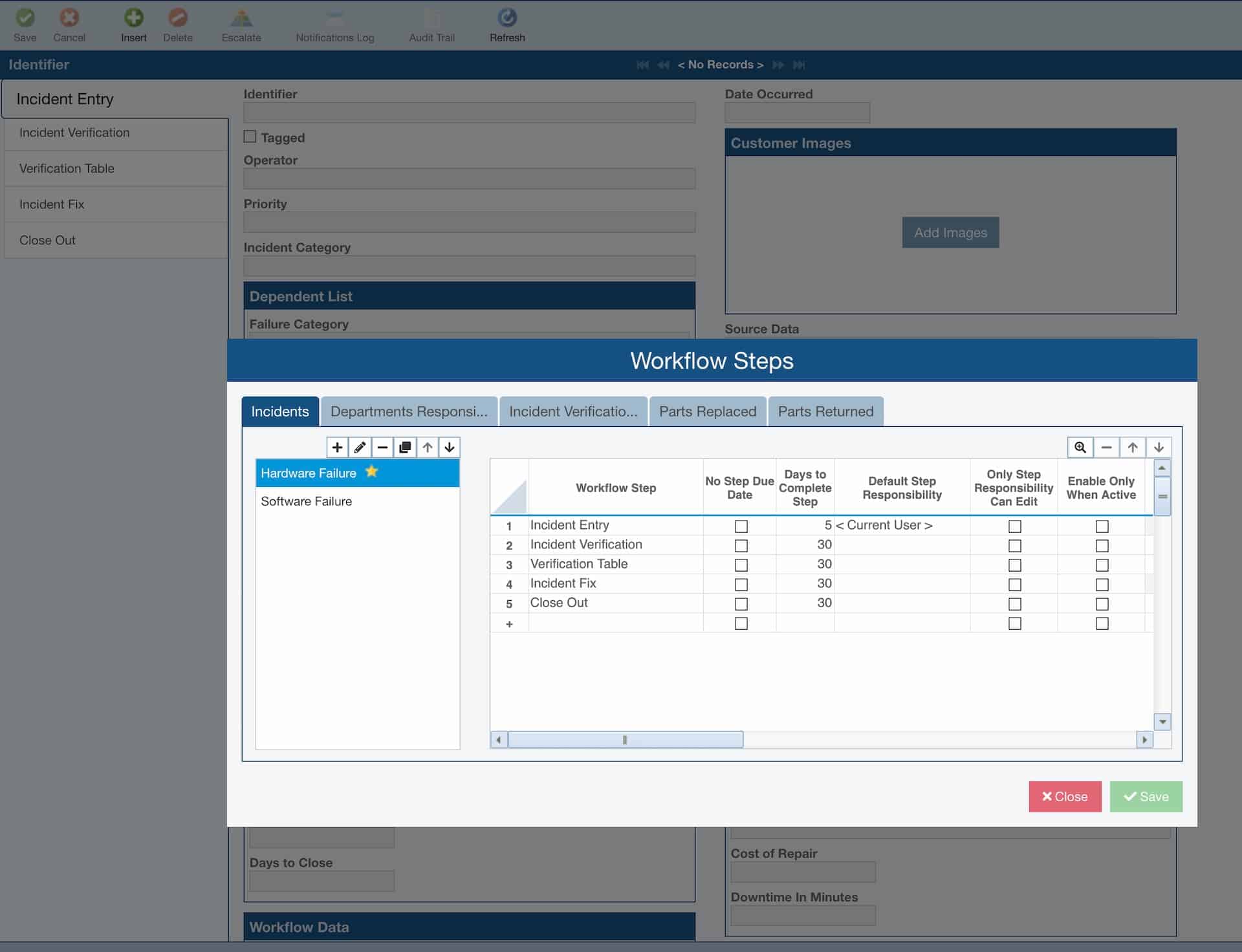 Image shows an example FRACAS incident report, with two custom workflows; one for hardware incidents and one for software incidents