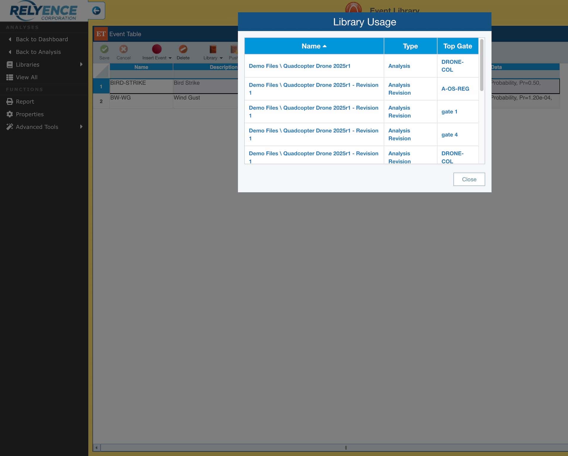 Image shows common events stored in the Relyence events library for reuse, the library enables users to see where the events are in use