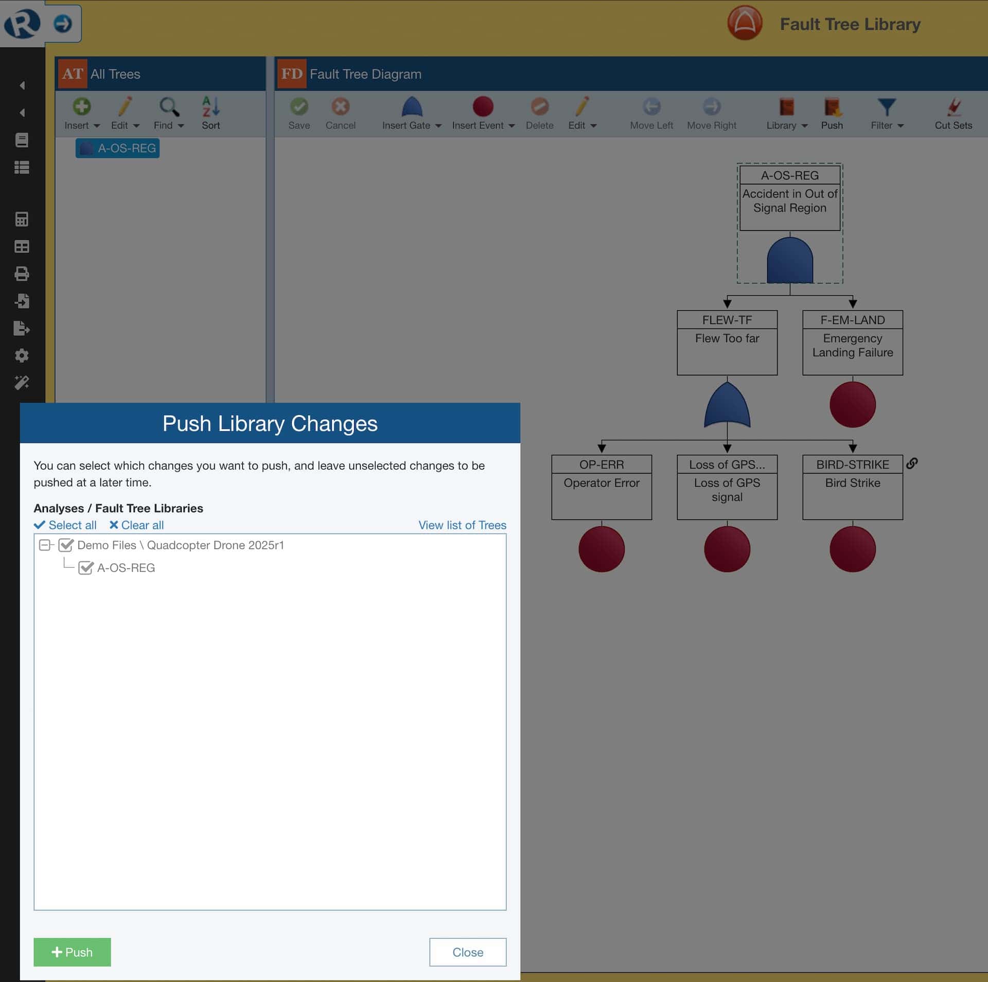 Image shows example fault tree stored in the Relyence fault trees library for reuse, the library enables users to see where the trees are in use and push updates to selected analyses.