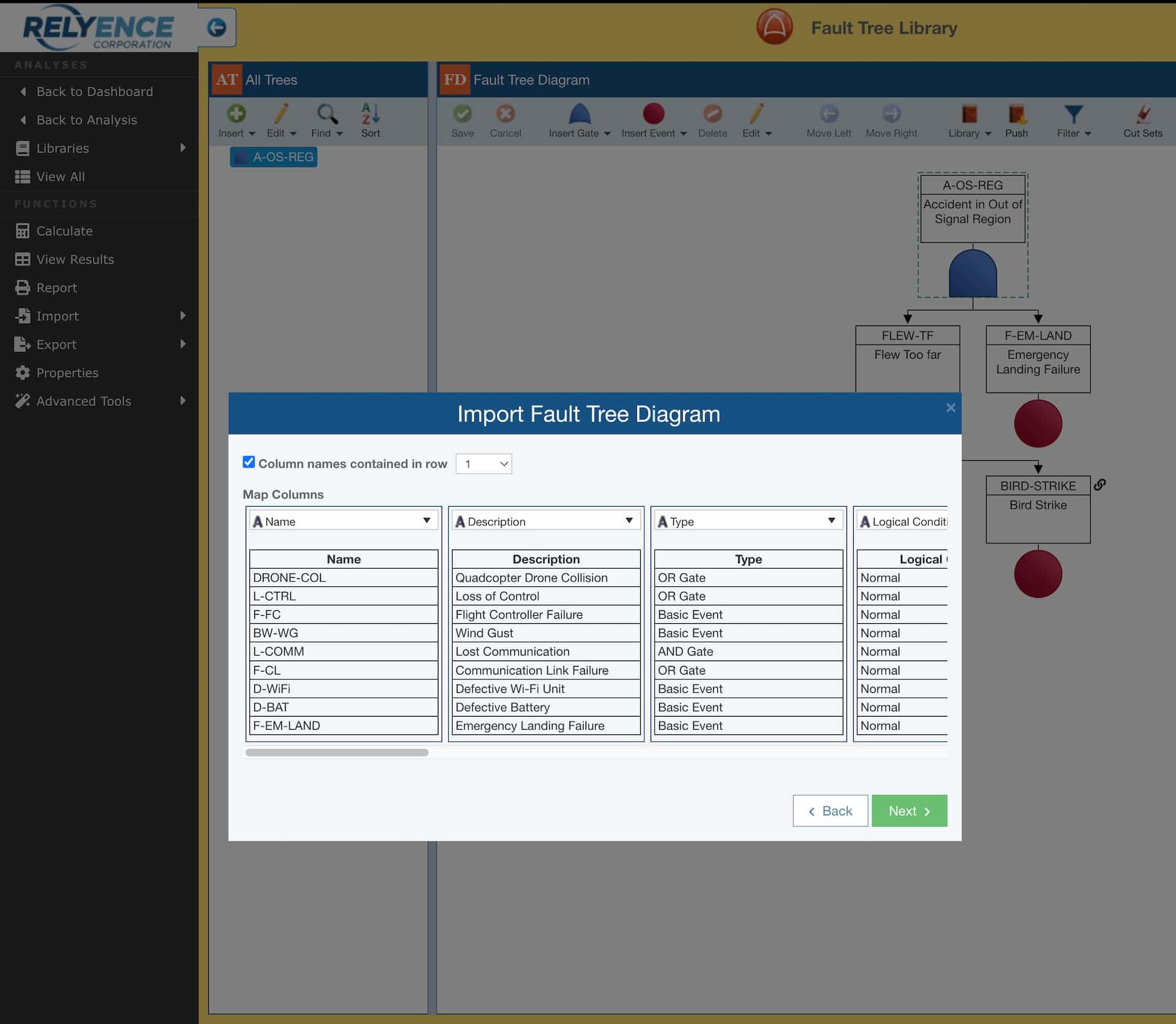Image shows Relyence importing in Fault Tree Diagrams