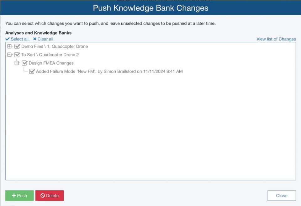 screen shows a pop up dialogue from the Relyence Knowledge bank, where the user is able to select which updates they want to push out and to which analysis files.
