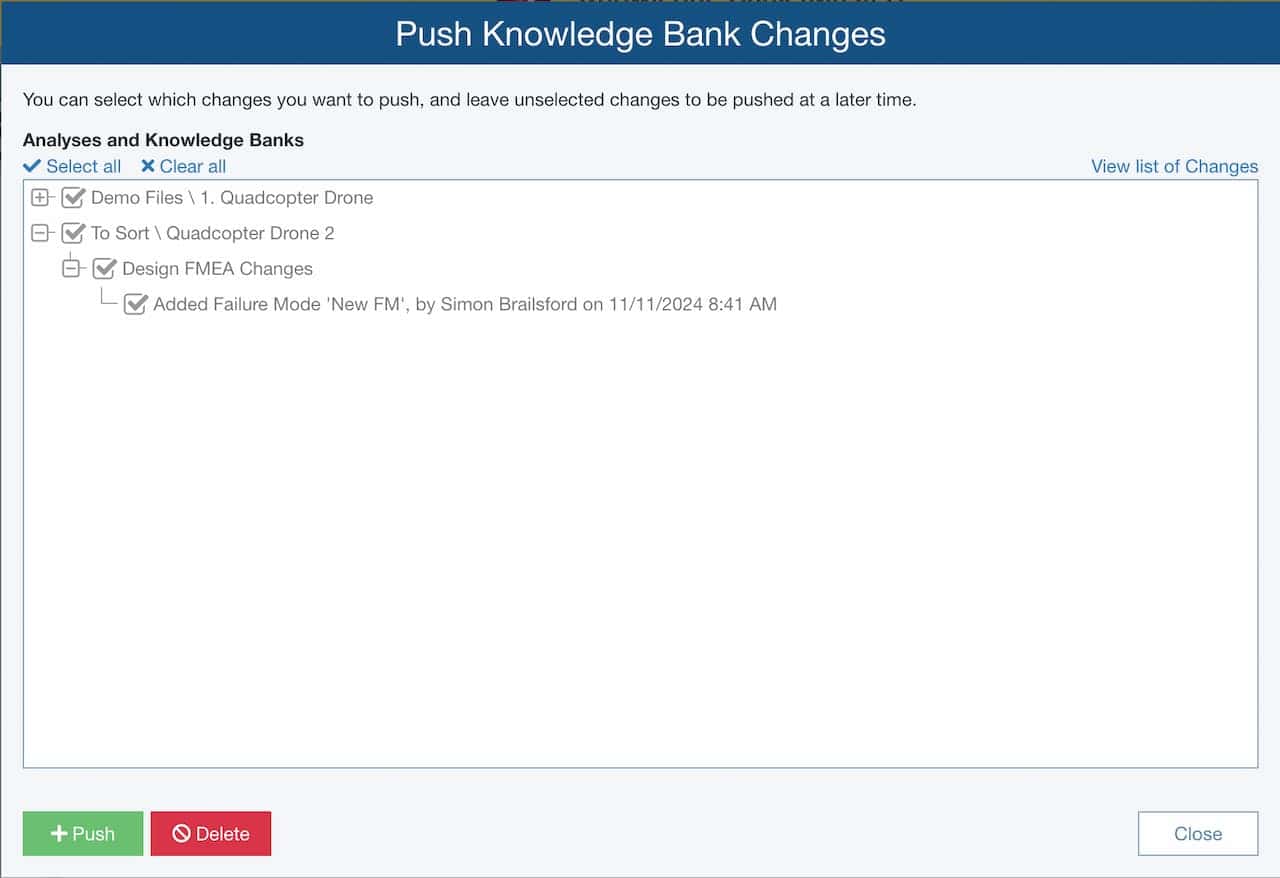 screen shows a pop up dialogue from the Relyence Knowledge bank, where the user is able to select which updates they want to push out and to which analysis files.