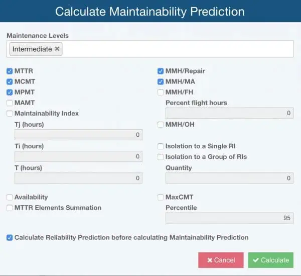 Relyence Maintainability Prediction supports a wide range of repair metrics