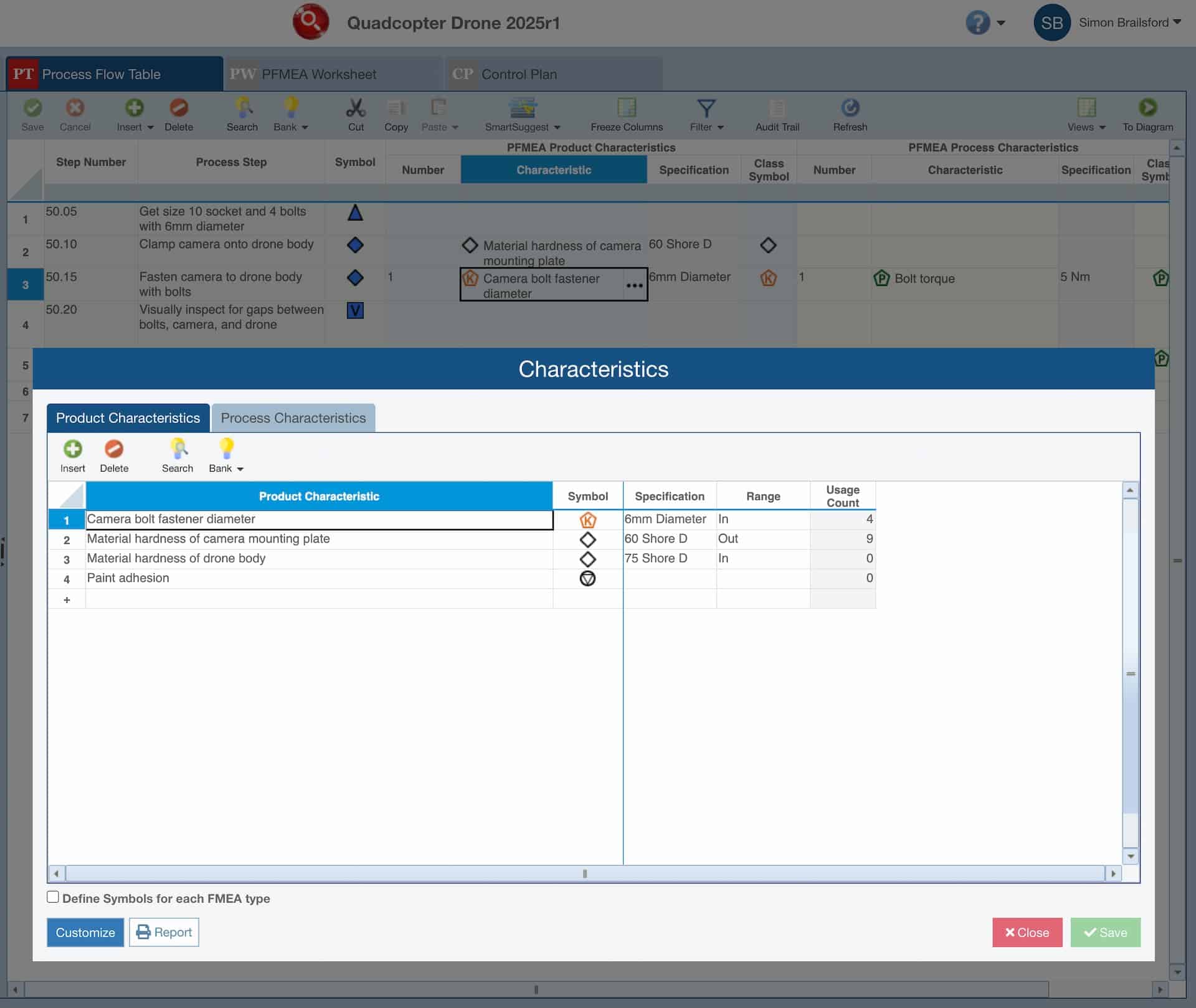 Image shows configuration settings for Product Characteristics and Process Characteristics for Relyence PFMEA software