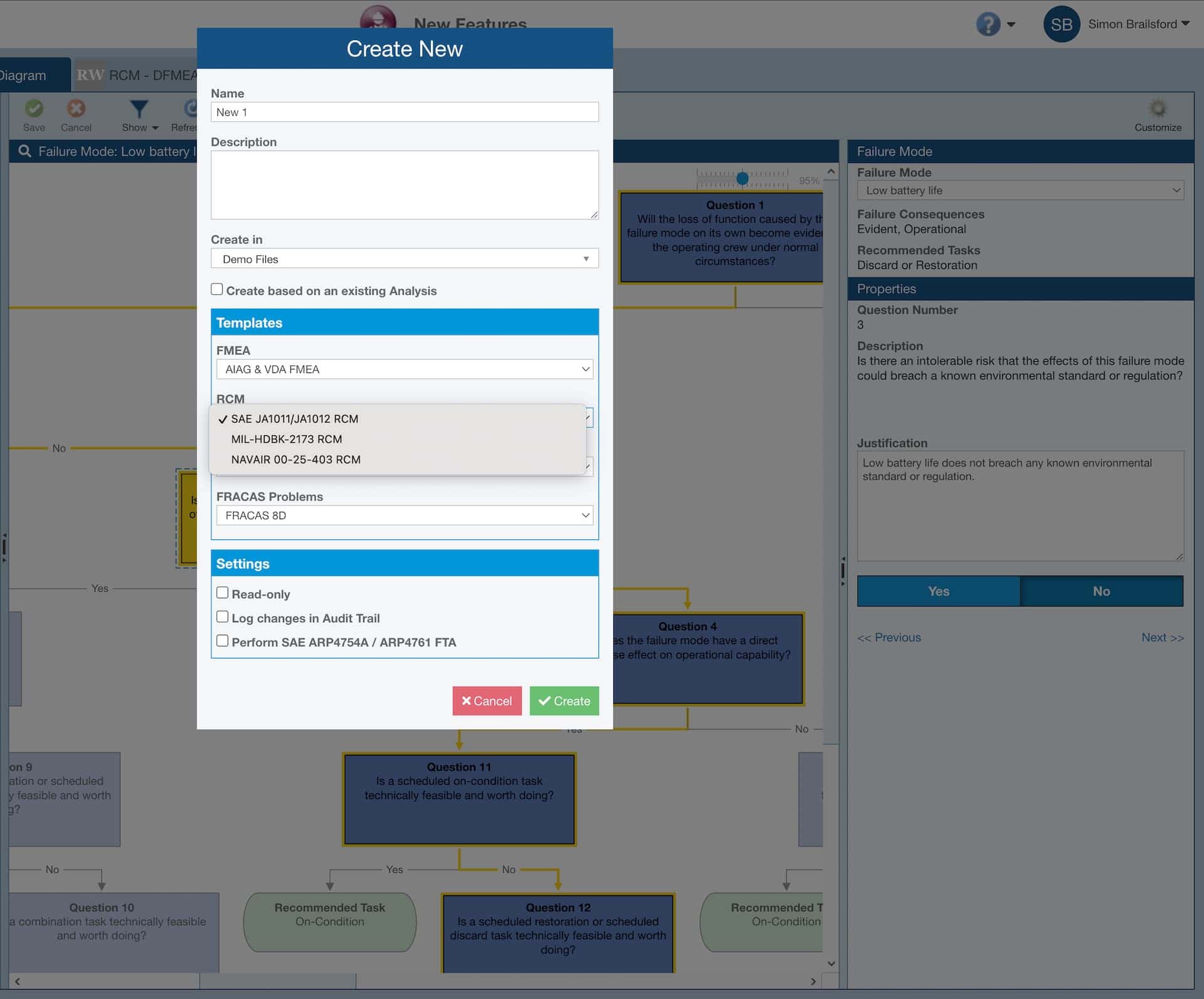 Image shows various RCM standards supported within the Relyence RCM Analysis software.