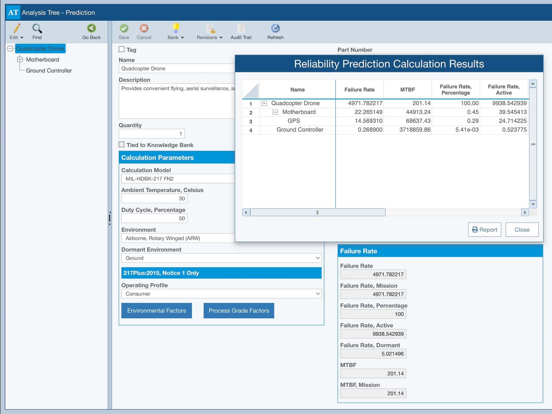 Image shows the calculation properties for the selected subsystem when performing reliability predictions in Relyence software