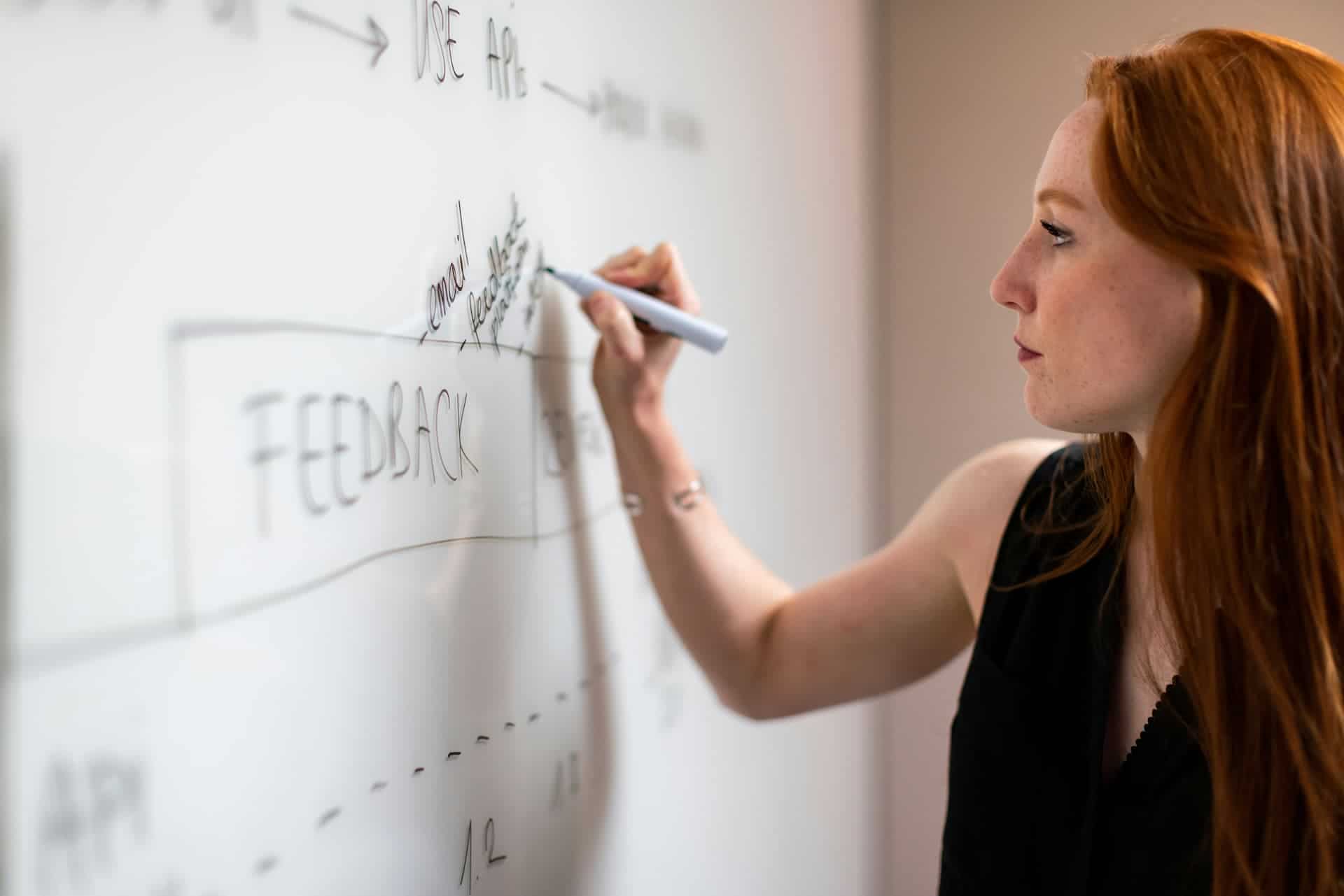 Image shows a software engineer mapping out a process on a whiteboard.