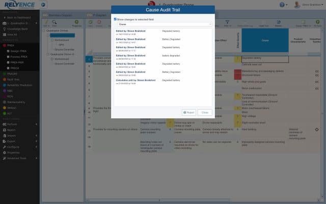 Screenshot shows the Relyence Audit Trail displaying the change history against a cause level cell data