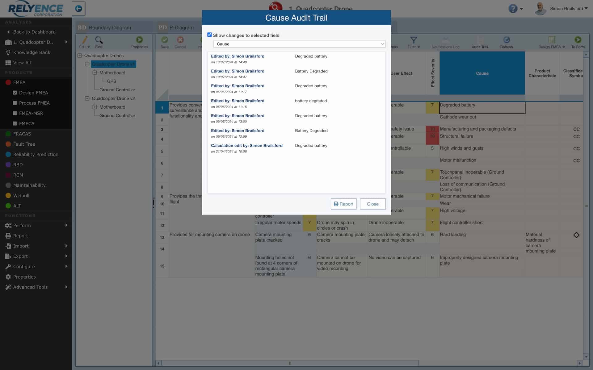 Screenshot shows the Relyence Audit Trail displaying the change history against a cause level cell data