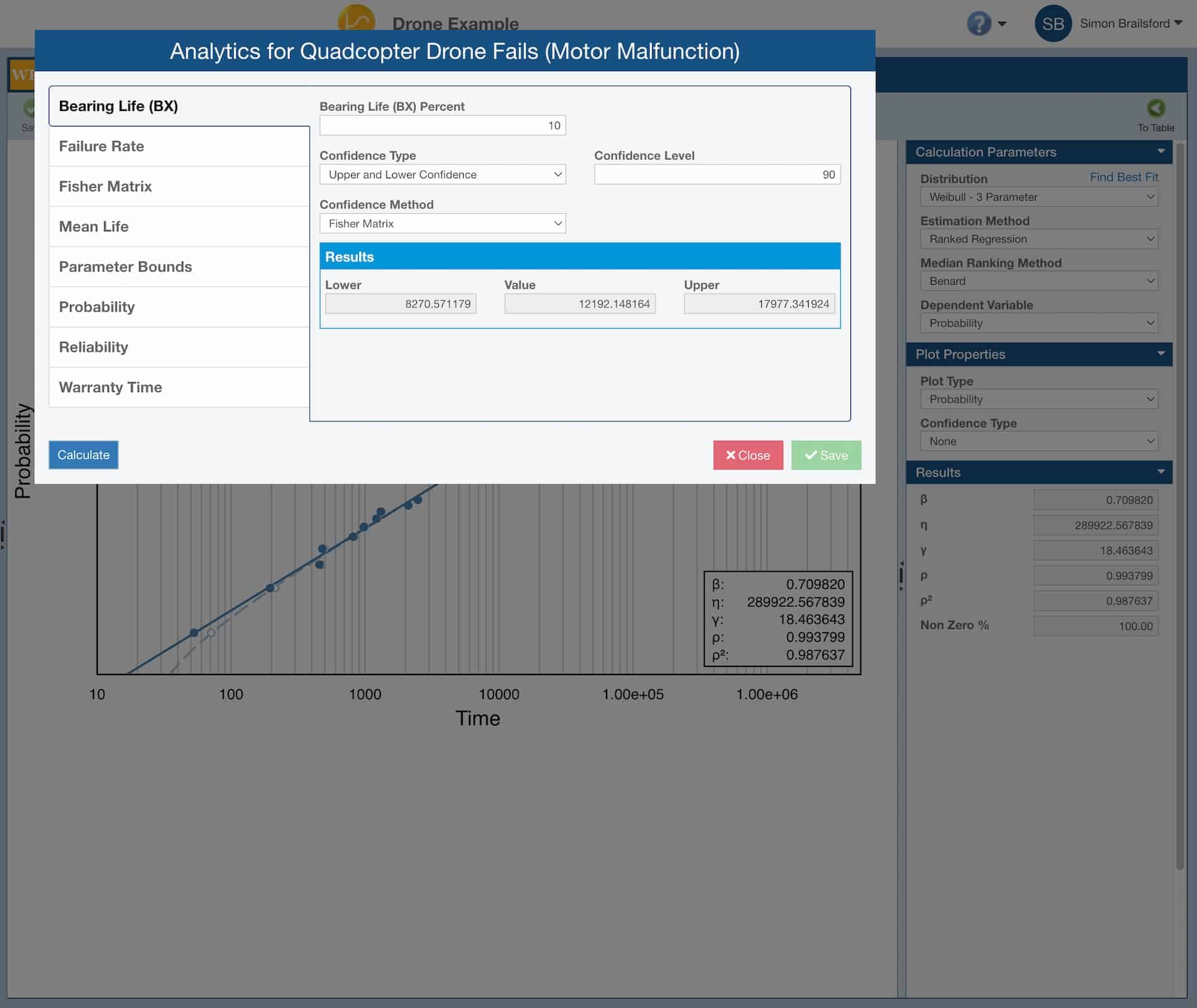 Image shows various options available within Relyence Weibull Analysis software built-in analytics calculator, including Bearing Life, Reliability and Warranty Time.